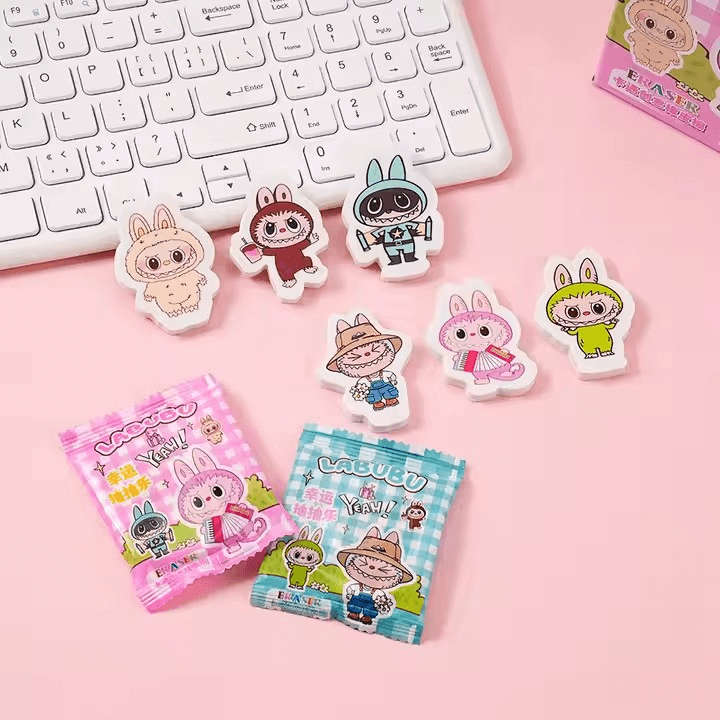 Gomme Labubu mignonne avec design kawaii inspiré de l’univers Pop Mart, parfaite pour les fournitures scolaires