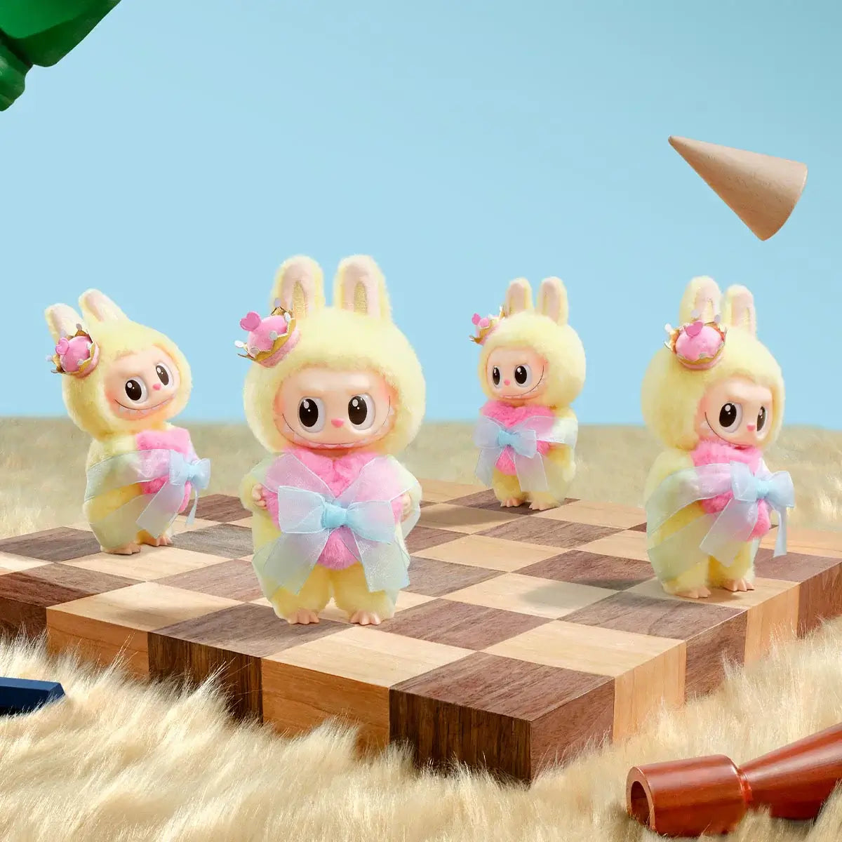 Labubu Checkmate Series Édition Princesse Pastel figurines in pastel colors on a chessboard.