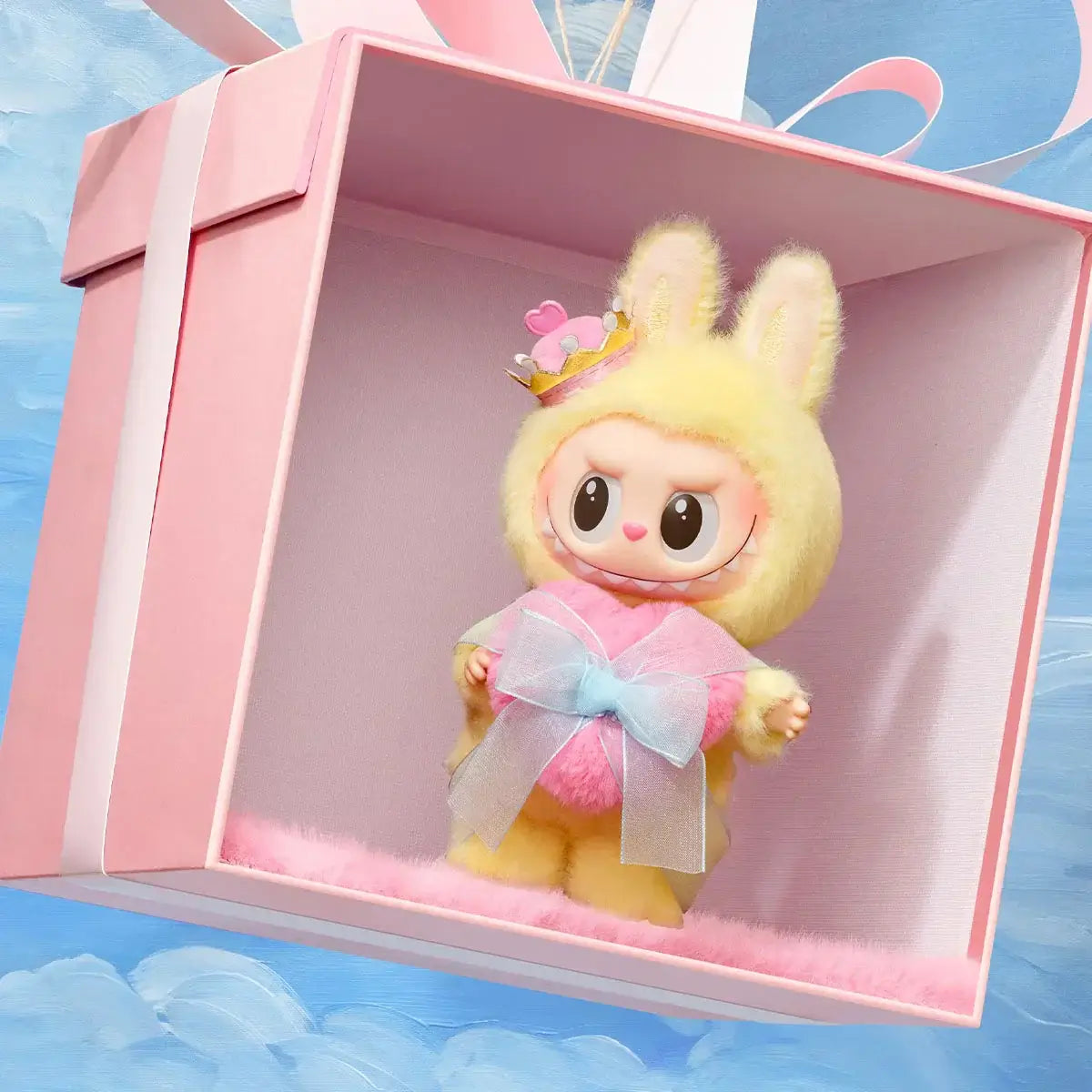 Labubu Checkmate Series Édition Princesse Pastel figurine in a pink gift box with a cute bunny costume.