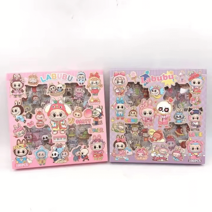 Autocollants Labubu dans un style Kawaii, collection colorée de personnages mignons et accessoires pour enfants.