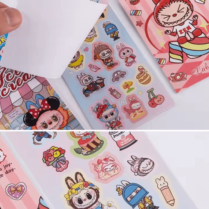 Autocollants Labubu dans un style Kawaii, collection colorée de personnages mignons et accessoires pour enfants.