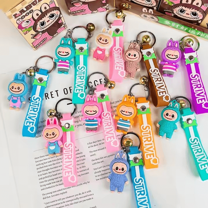 Porte-clés Labubu bleu en édition collector, accessoire kawaii Pop Mart pour fans de figurines