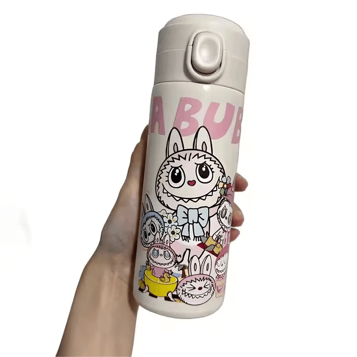 Thermos kawaii Labubu avec illustration du personnage sur fond pastel, bouteille isotherme Pop Mart