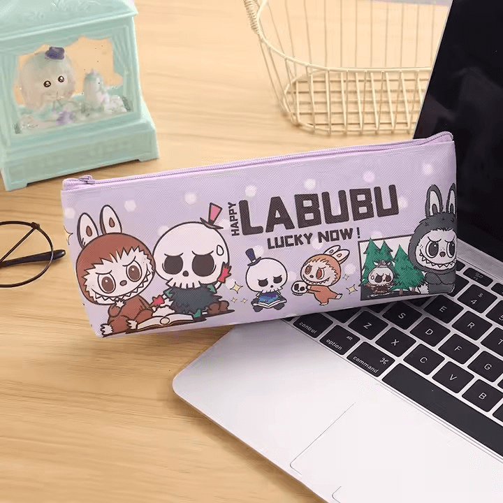 Trousse Labubu tube cylindrique avec fermeture éclair, design kawaii pratique pour l’école ou le maquillage