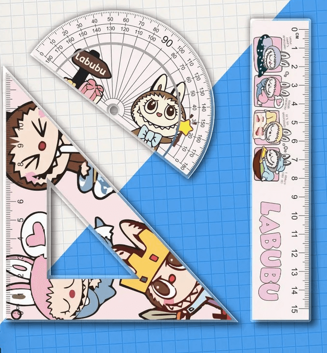 Règle, équerre et rapporteur Labubu au design Kawaii, fournitures scolaires colorées et amusantes pour la rentrée.