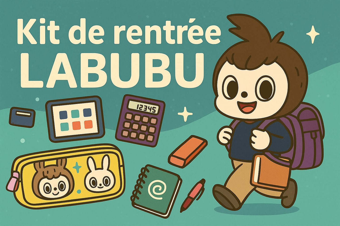 Kit de rentrée scolaire Labubu avec cartable, trousse, calculatrice et fournitures kawaii.