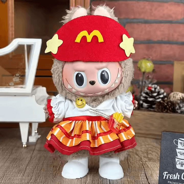 Labubu en tenue exclusive inspirée de McDonald’s, avec salopette rouge éclatante, t-shirt jaune vif et bonnet assorti – un look pop et collector qui ravira les fans.
