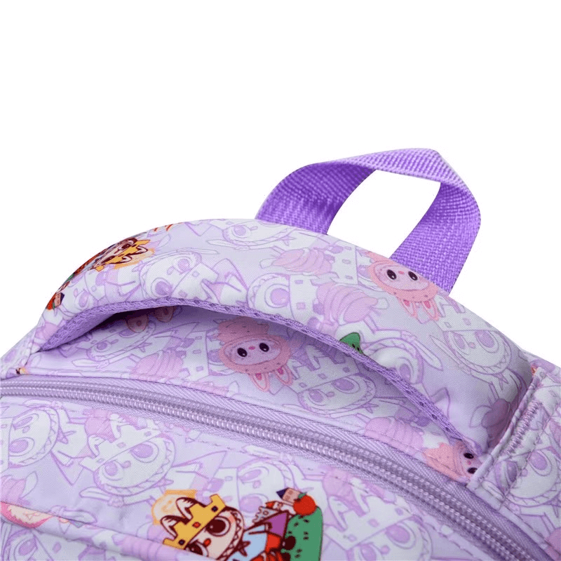 Cartable scolaire Labubu couleur lavande avec motifs kawaii imprimés, sac à dos pour enfant ou fan de Pop Mart

