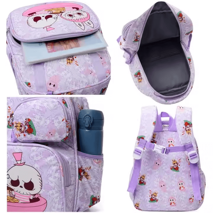 Cartable Labubu violet avec plusieurs poches, compartiment principal spacieux, porte-gourde et bretelles réglables pour enfant