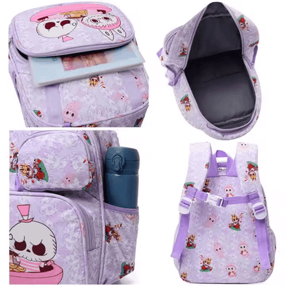 Cartable Labubu violet avec plusieurs poches, compartiment principal spacieux, porte-gourde et bretelles réglables pour enfant