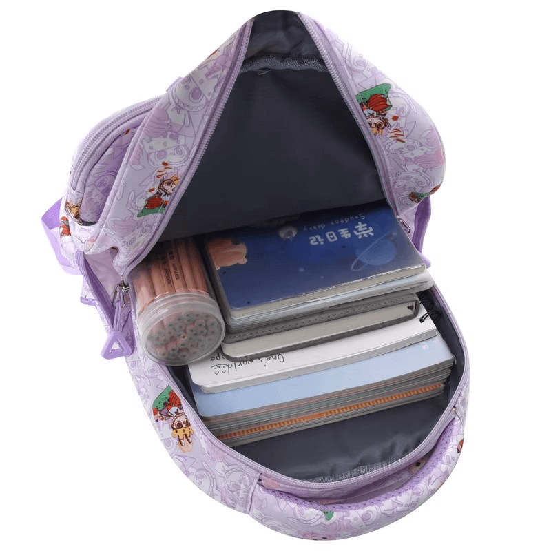 Vue intérieure du cartable Labubu violet avec fournitures scolaires, grande capacité de rangement pour école primaire

