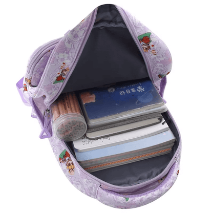 Vue intérieure du cartable Labubu violet avec fournitures scolaires, grande capacité de rangement pour école primaire

