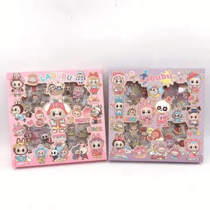 Autocollants Labubu dans un style Kawaii, collection colorée de personnages mignons et accessoires pour enfants.