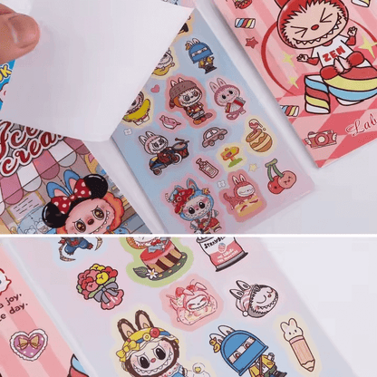 Autocollants Labubu dans un style Kawaii, collection colorée de personnages mignons et accessoires pour enfants.