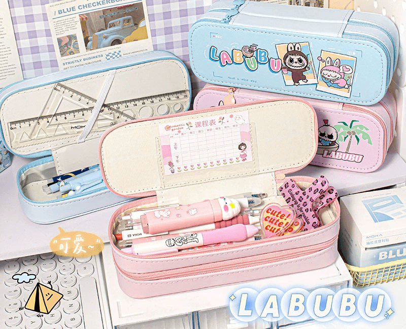 Trousse multifonction Labubu avec compartiments, idéale pour stylos, maquillage ou petits objets, design kawaii Pop Mart

