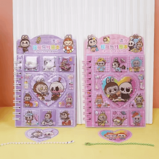 Kit de fournitures scolaires avec cahiers colorés à personnages mignons et décorations kawaii.