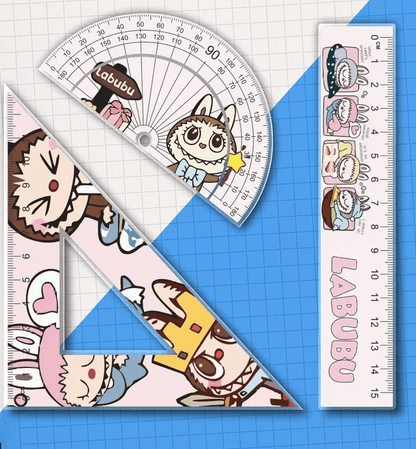 Règle, équerre et rapporteur Labubu au design Kawaii, fournitures scolaires colorées et amusantes pour la rentrée.
