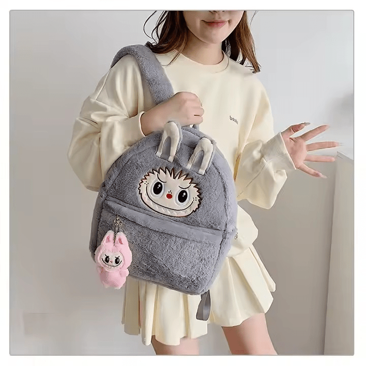 Sac à dos peluche Labubu gris avec oreilles et porte-clé rose