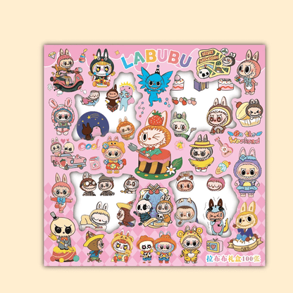 Autocollants Labubu dans un style Kawaii, collection colorée de personnages mignons et accessoires pour enfants.